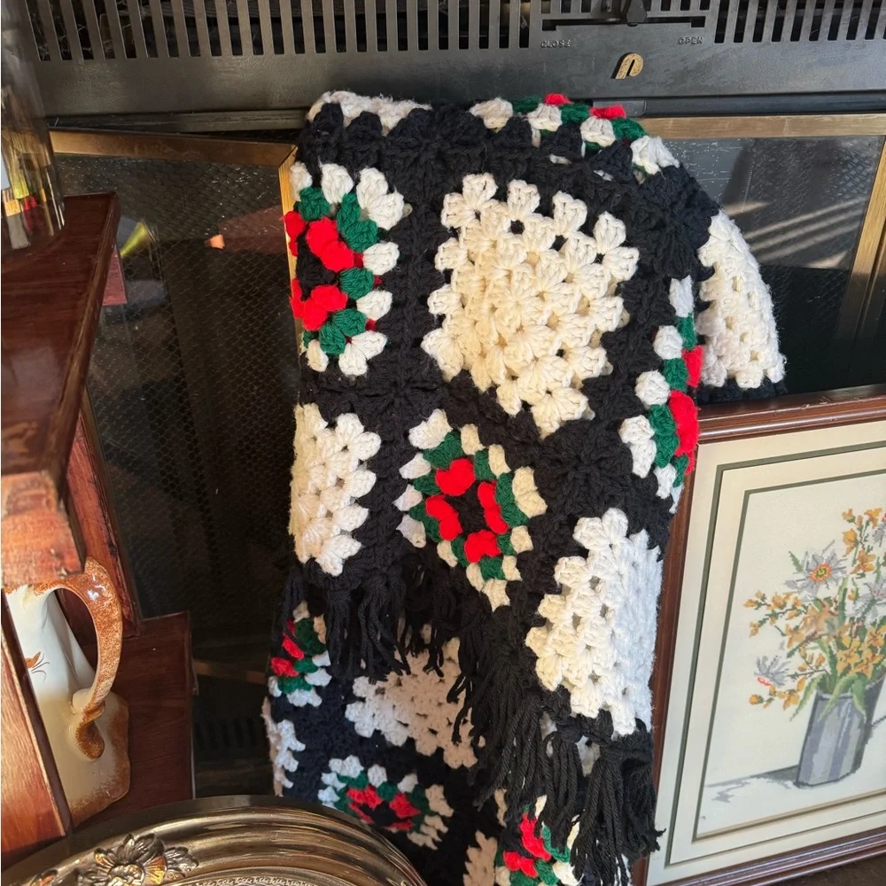 Cozy Crochet Blanket - Black, White, Red, Green Granny Squares + Fringe